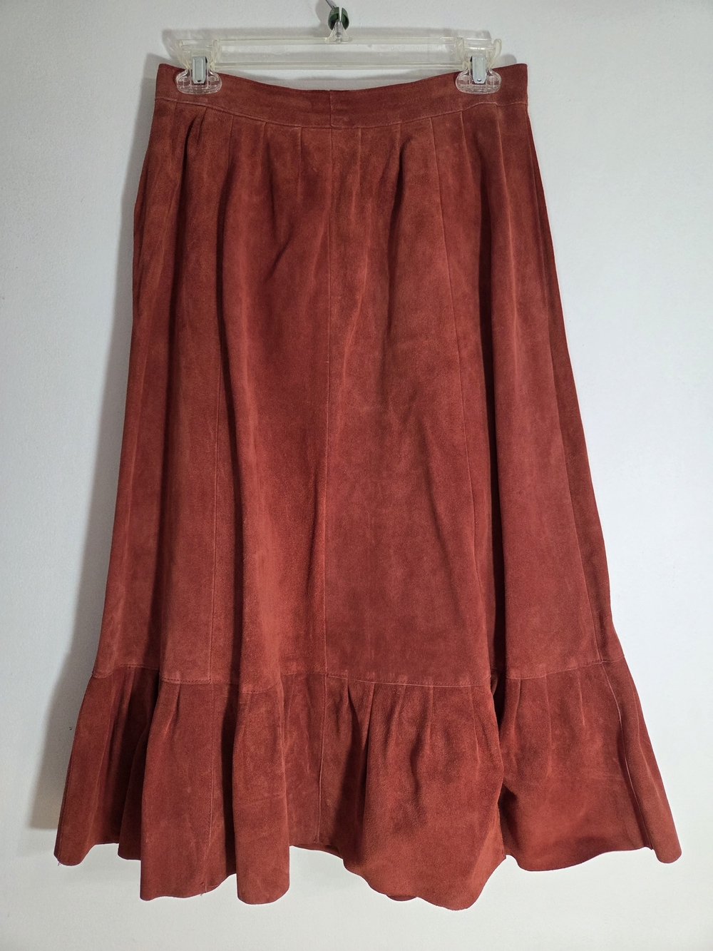Midi Suede Ruffle-Hem Skirt in Rust